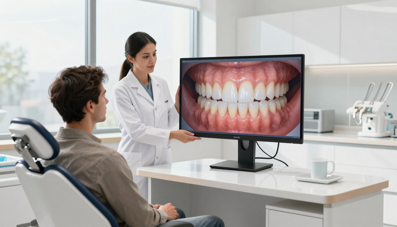 Un dentista le muestra a un paciente un primer plano de sus dientes en un monitor en una clínica bien iluminada.
