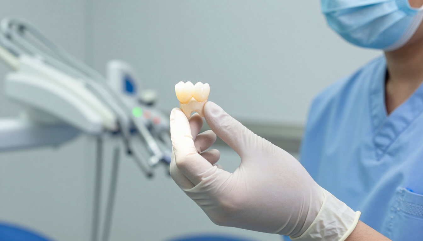 Un dentista con bata azul sostiene un modelo de diente y un cepillo de dientes en una clínica dental.