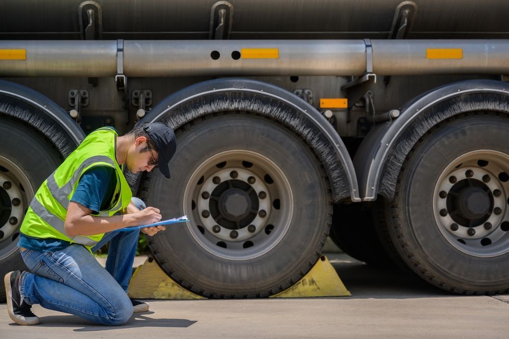 Person inspecting truck tires, wearing a safety vest, kneeling on a yellow chock.