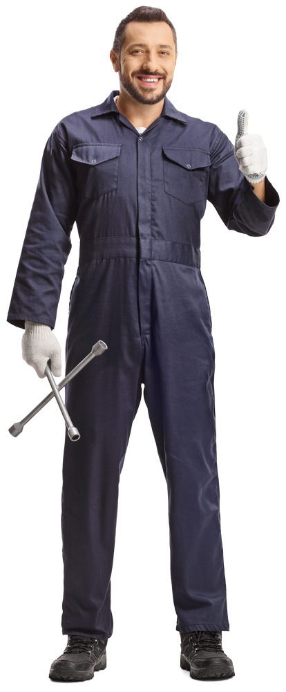 Mechanic in blue jumpsuit holding a wrench, giving a thumbs-up.