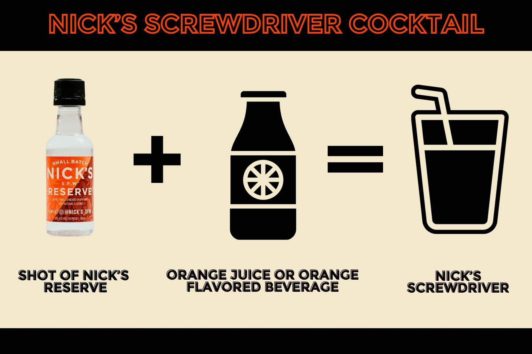 A recipe for nick 's screwdriver cocktail with orange juice or orange flavored beverage.