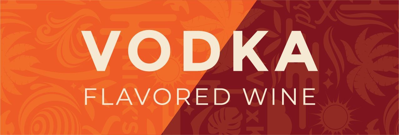A logo for vodka flavored wine on a red and orange background.