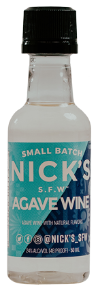 A small bottle of nick 's agave wine on a white background.