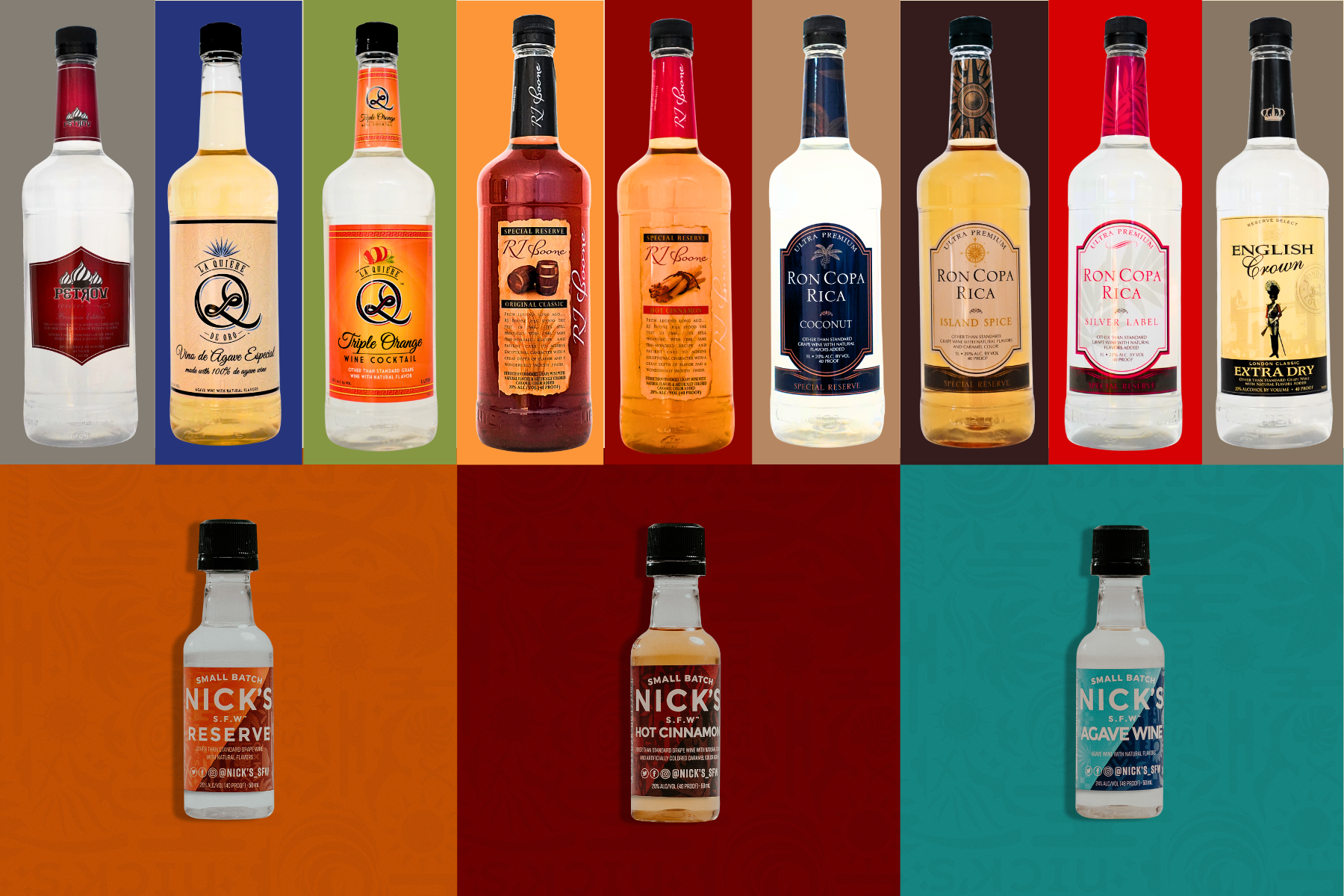 Several bottles of alcohol are lined up in a row