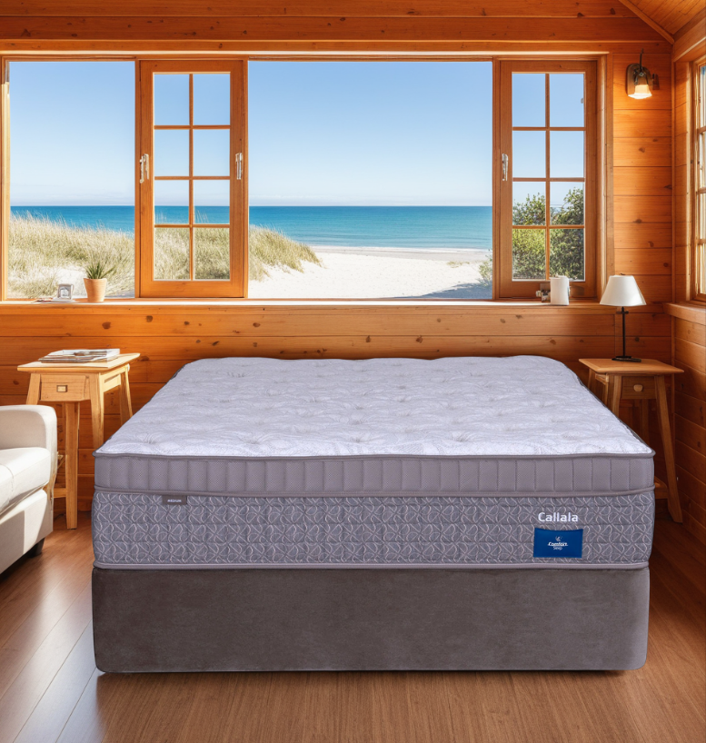 Bed in Room With Ocean View; Wooden Interior. Gray Mattress on Bed Frame — Coastal Mattress' Direct in Brisbane, QLD  