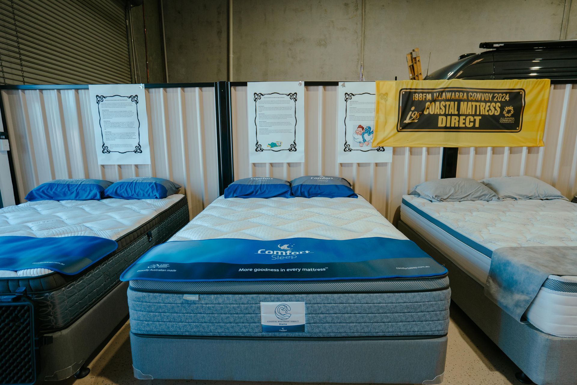 Three Mattresses on Display in a Store, Each With Bedding — Coastal Mattress' Direct in Brisbane, QLD