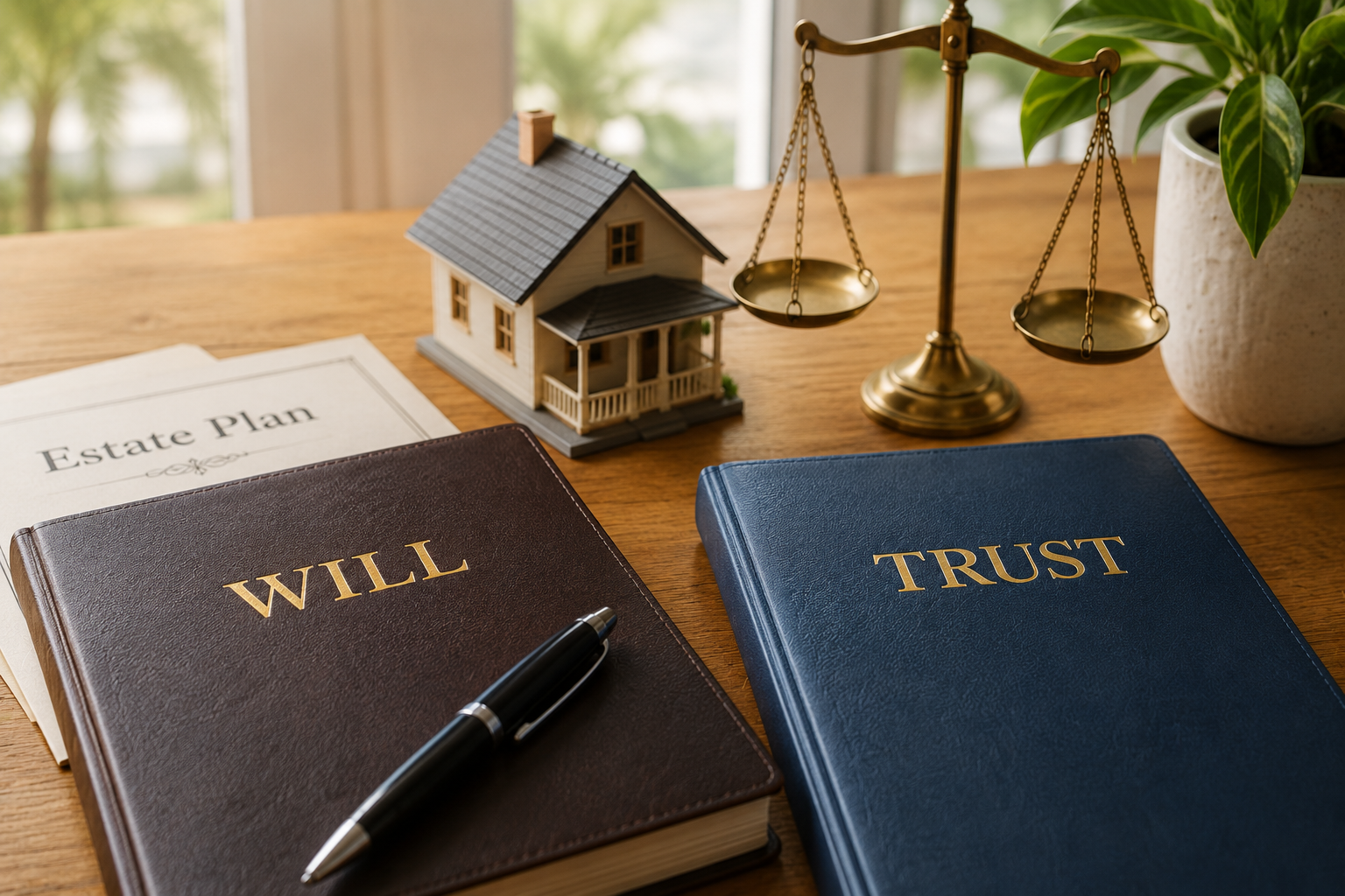 Estate planning documents with will, trust, house model, and scales on a desk.
