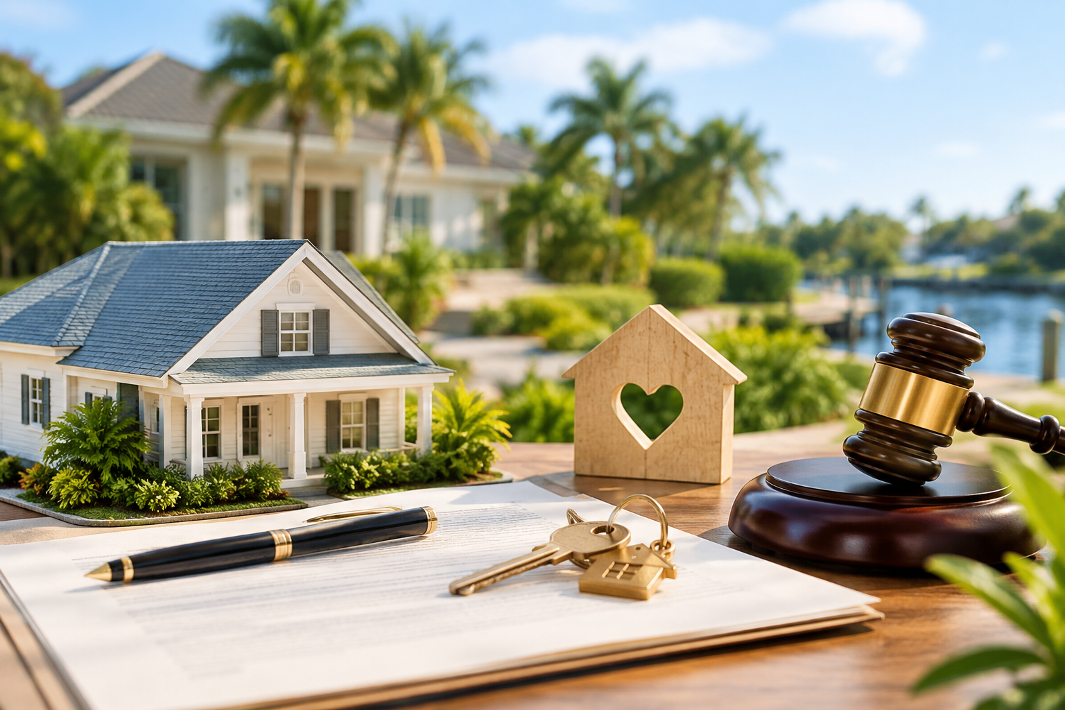 Real estate contract with house, keys, gavel, and small home model on a desk