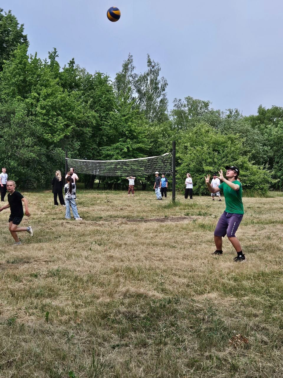 People playing volleyball in a grassy field, with a ball high in the air near a net and trees in the background