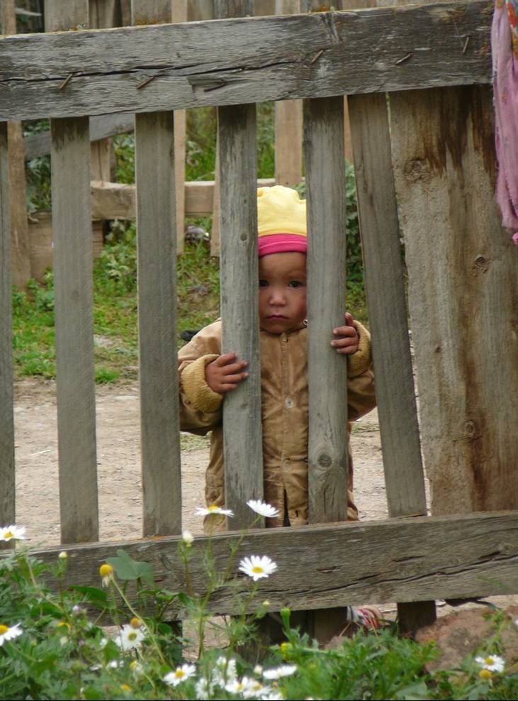 Child peeking through wooden fence slats in a grassy yard, wearing a yellow hat and pink headband.