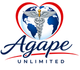 Agape Unlimited logo with red heart, blue globe, caduceus, and navy script text