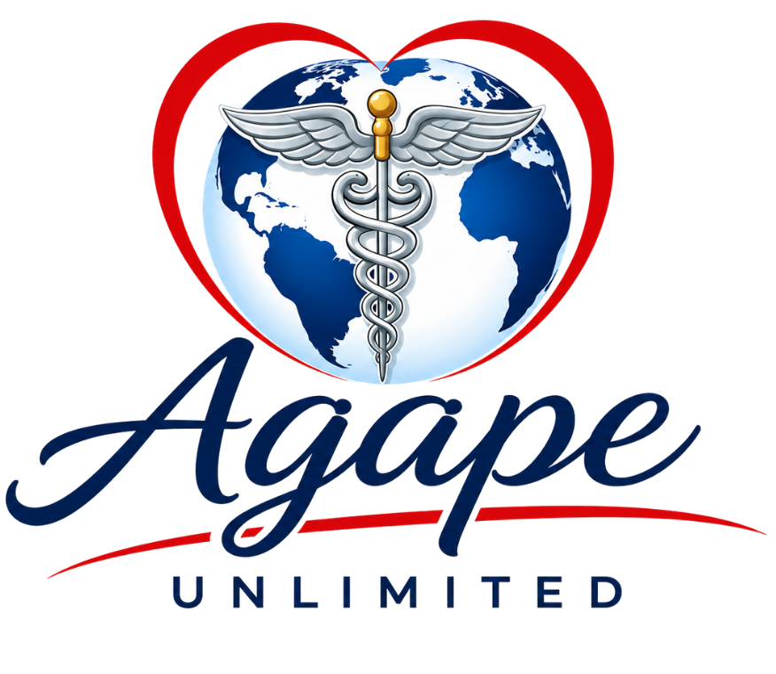 Agape Unlimited logo with red heart, blue globe, caduceus, and navy script text