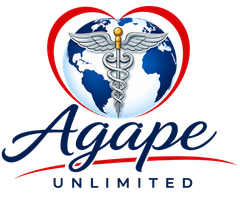 Agape Unlimited logo with red heart, blue globe, caduceus, and navy script text