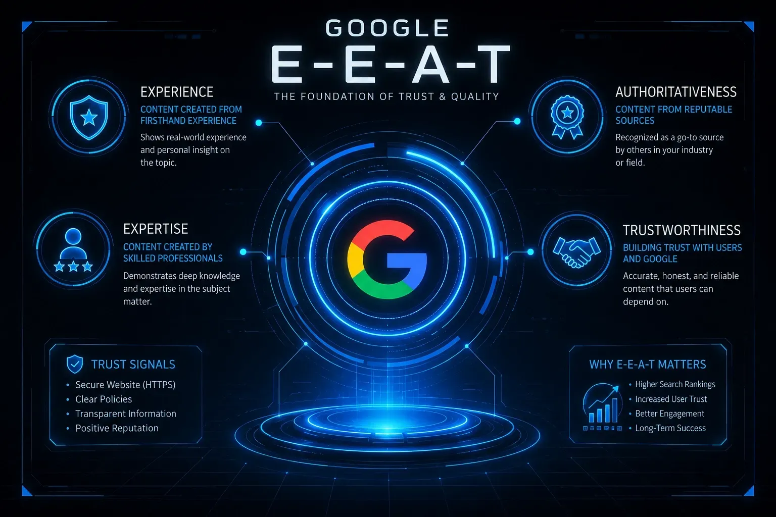 Google E-E-A-T infographic with glowing blue interface and central Google logo on a dark background