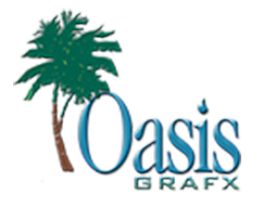 Oasis Grafx logo with teal palm tree and blue “Oasis” text