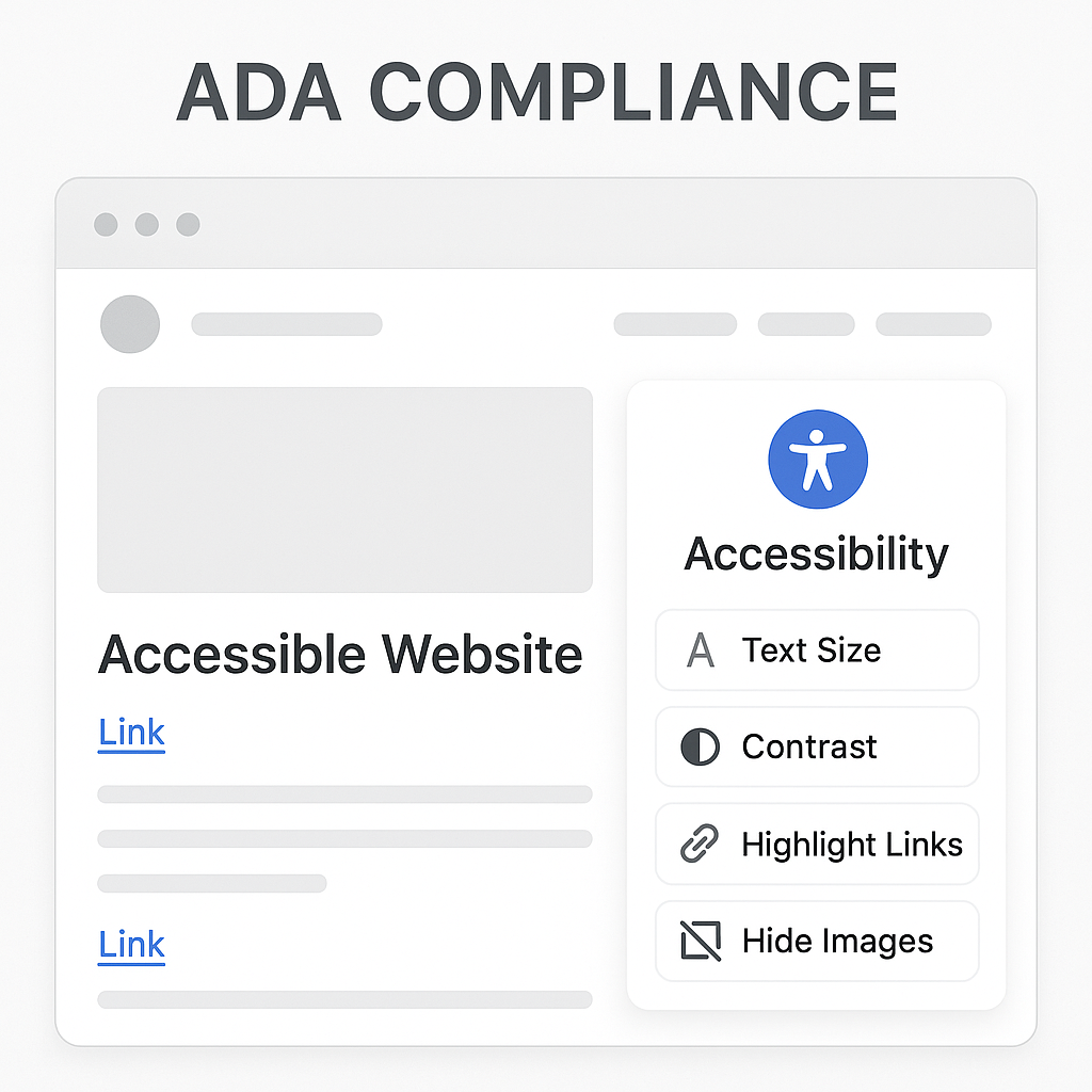 ADA compliance illustration with website UI and accessibility options: text size, contrast, highlight links, hide images.