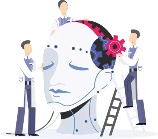 A group of men are working on a robot 's head.