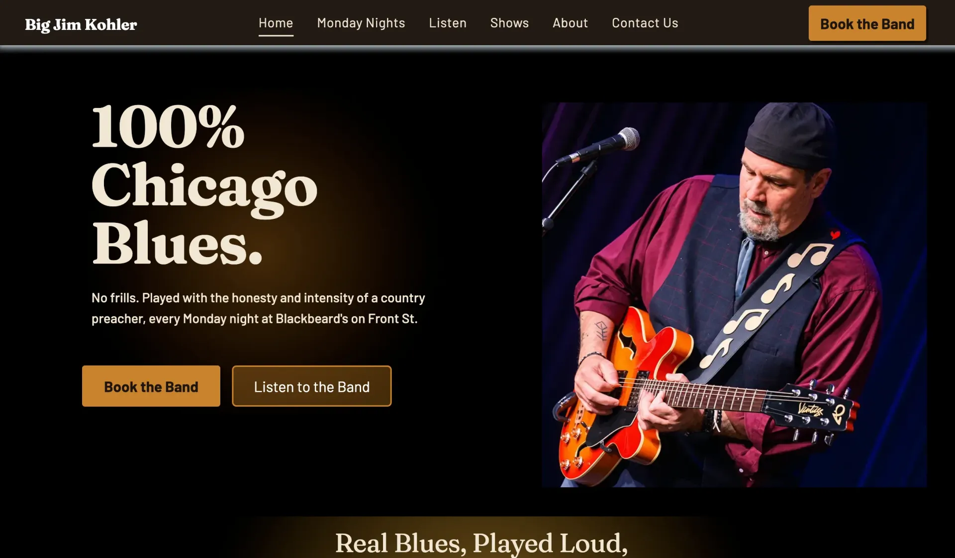 Chicago blues festival homepage with guitarist on stage and “100% Chicago Blues” headline
