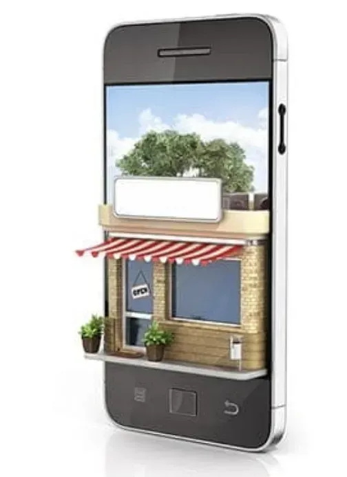 Smartphone displaying a small storefront emerging from the screen, like a mobile app shop scene