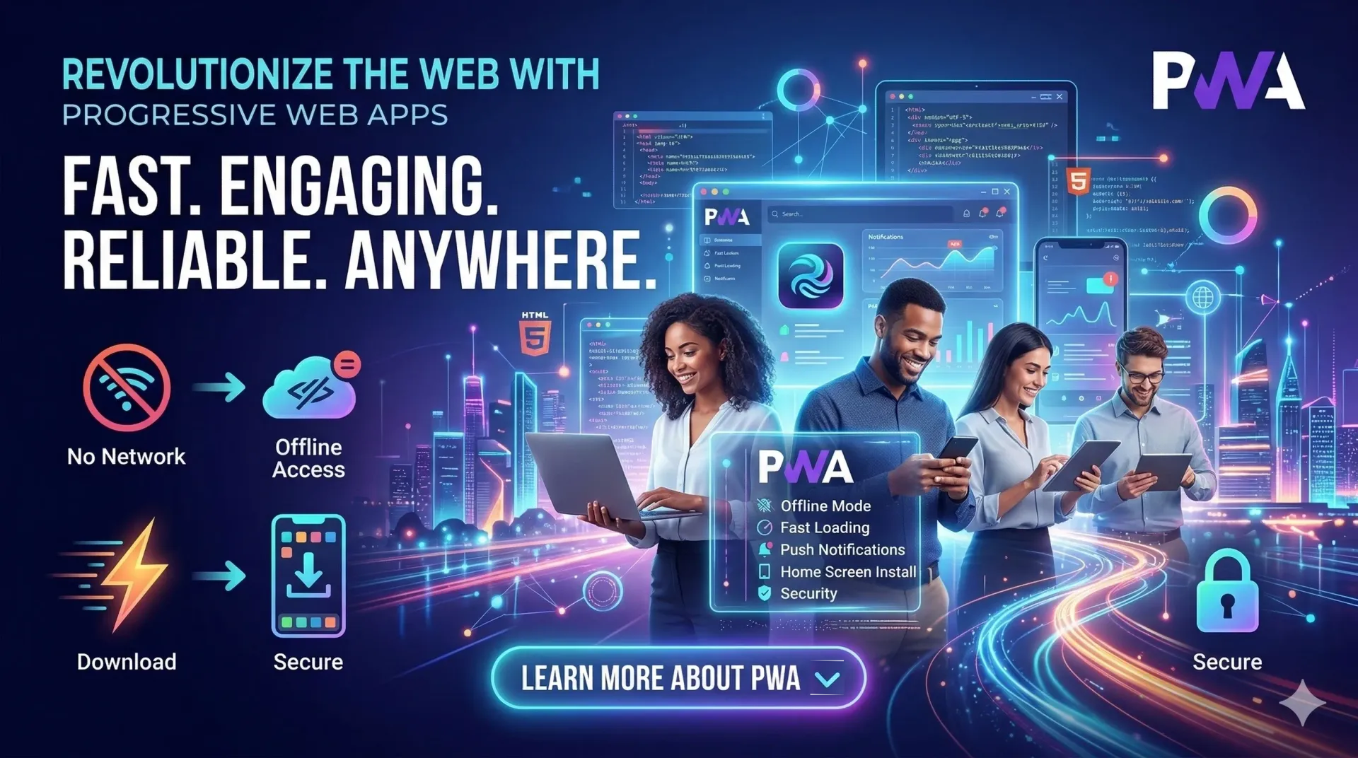 A digital poster promoting Progressive Web Apps, showing four people using devices in a futuristic, tech-themed setting.