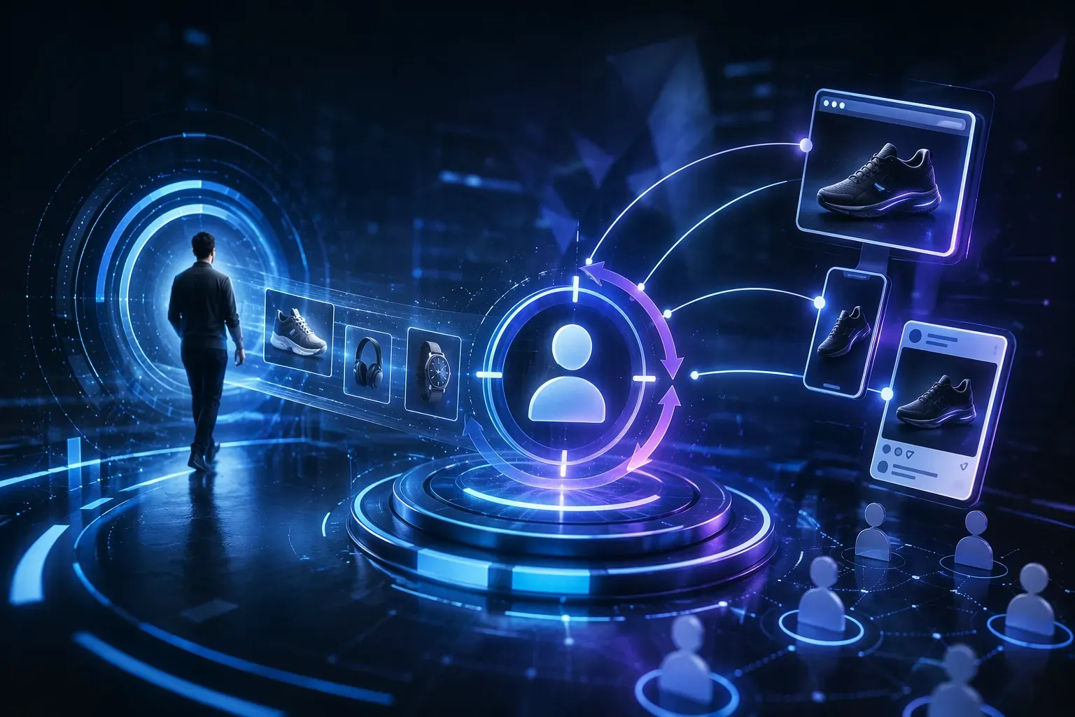 A man is standing in front of a digital marketing screen.