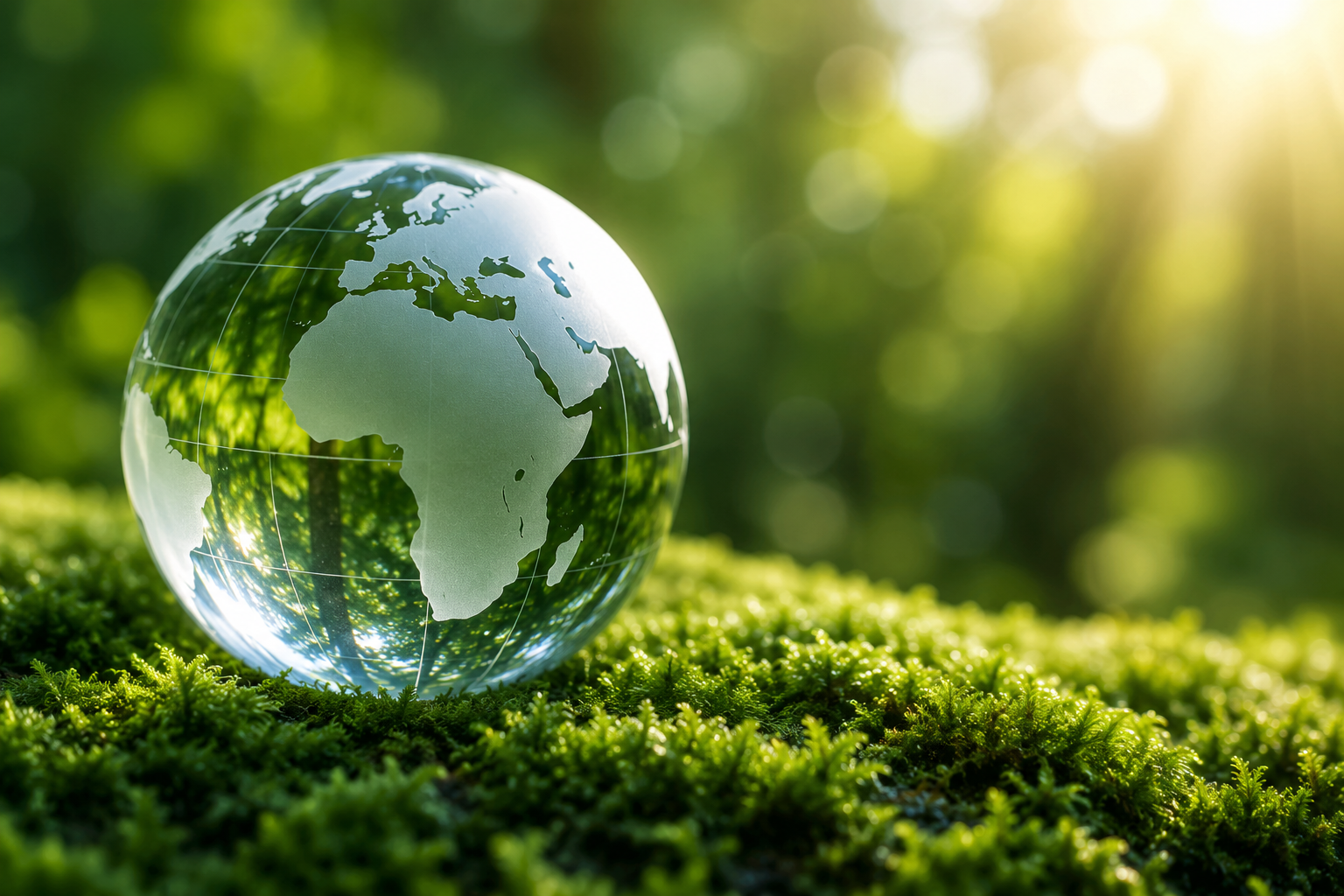 Globo di vetro su un lussureggiante muschio verde con luce solare sfocata e foglie sullo sfondo.