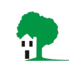 Albero verde a forma di casa con porta bianca e finestre nere su sfondo bianco
