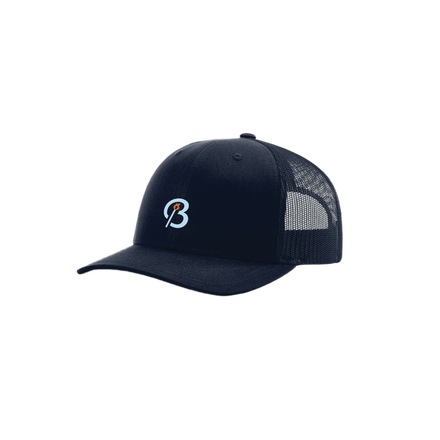 A black trucker hat with a letter b embroidered on it.