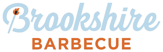 The logo for brookshire barbecue is black and orange on a white background.