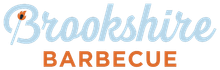 The logo for brookshire barbecue is black and white with orange letters.