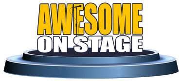 “AWSOME ON STAGE” text in yellow and white on a blue stage platform