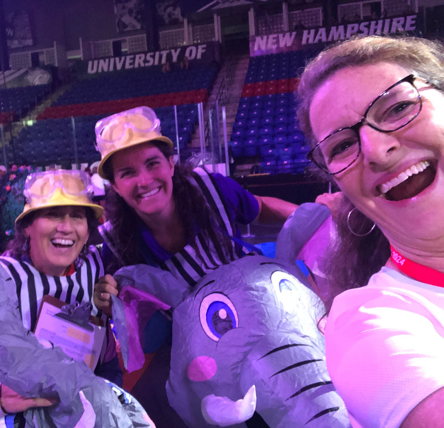 Three smiling people in mascot costumes posing at a University of New Hampshire event