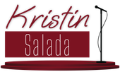Logo reading “Kristin Salada” in maroon script and white text on a maroon bar with a black microphone stand.