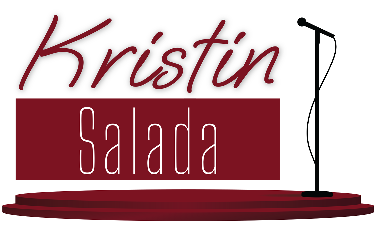 Logo reading “Kristin Salada” in maroon script and white text on a maroon bar with a black microphone stand.