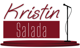 Logo reading “Kristin Salada” in maroon script and white text on a maroon bar with a black microphone stand.