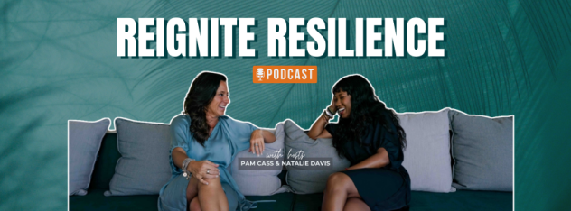Podcast cover with two people talking on a teal couch under the title “Reignite Resilience”