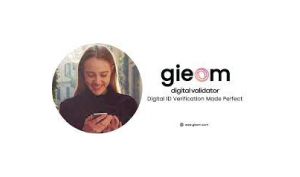 Logo for “gieom” digital validator with a smiling person looking at a phone in a circular photo