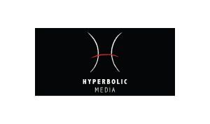 Hyperbolic Media logo on black background with red and white stylized curves above the text