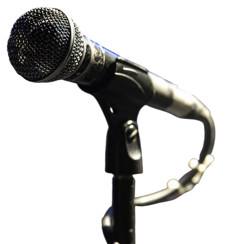 Black handheld microphone on a stand against a white background