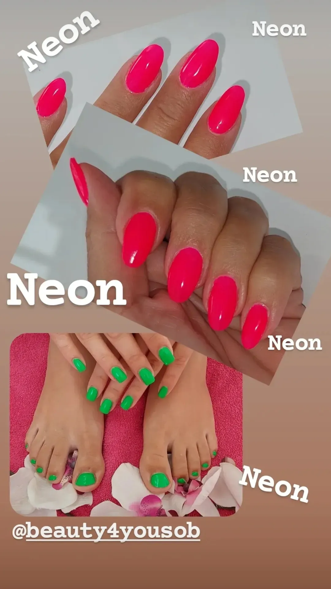 Die Nägel einer Frau sind neonpink und grün lackiert.