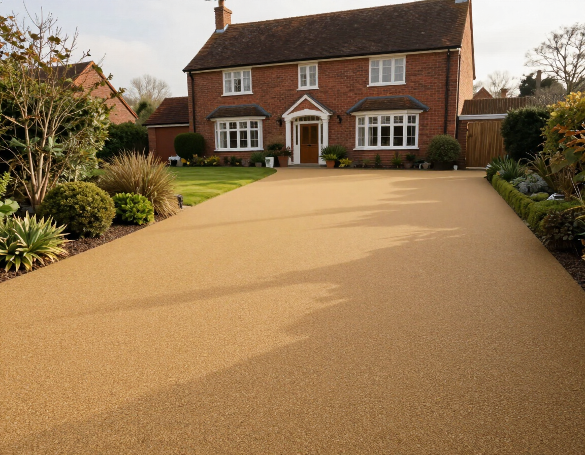 Large tan resin driveway leading to a red-brick house with landscaped garden beds