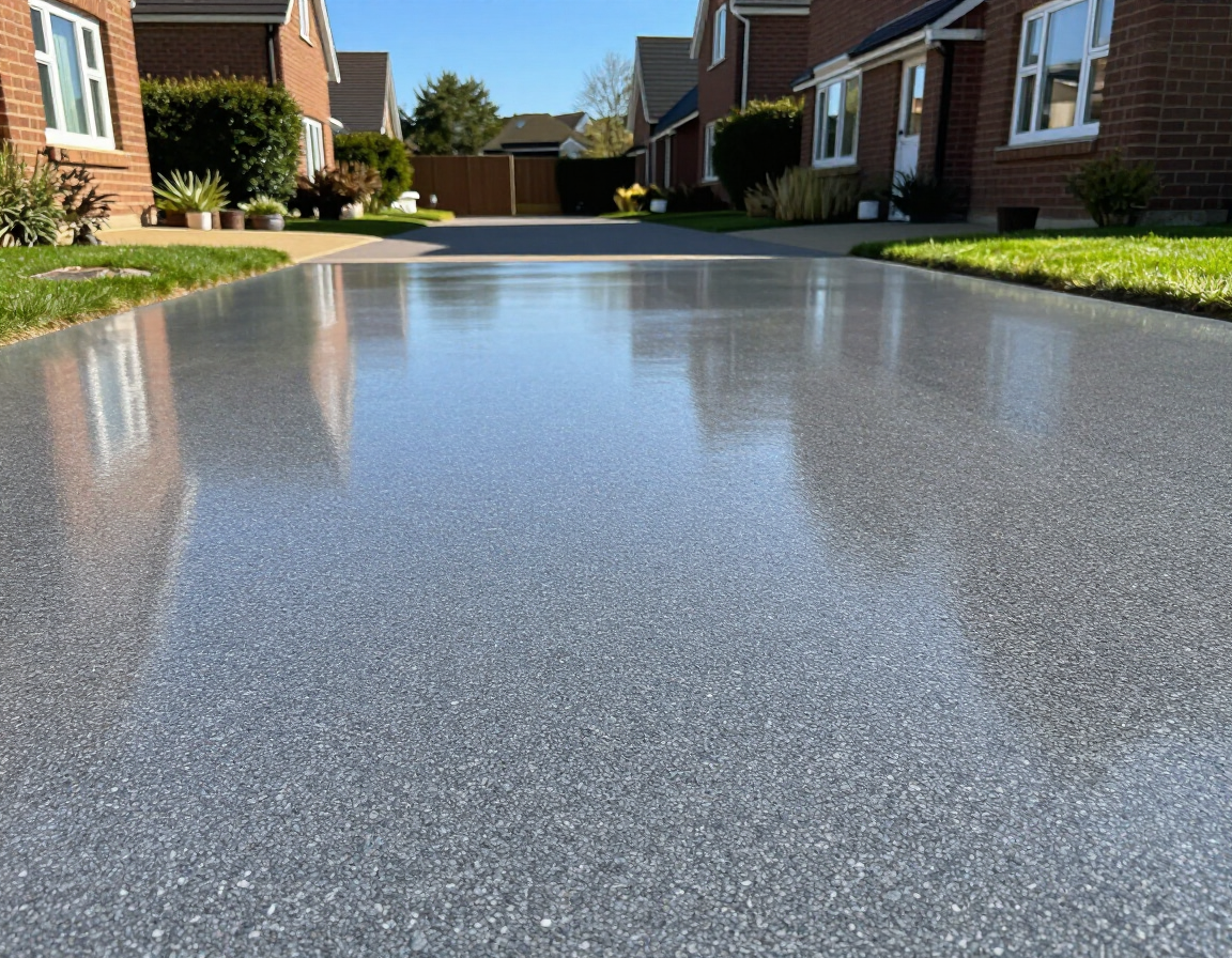 Shiny wet driveway in a suburban neighborhood between brick houses under a clear blue sky