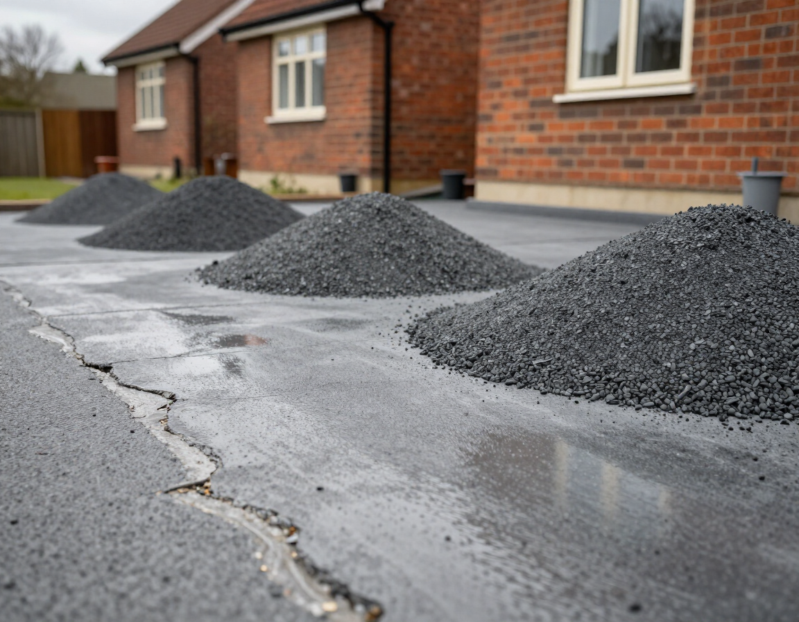 Piles of gravel along a wet driveway beside a brick house