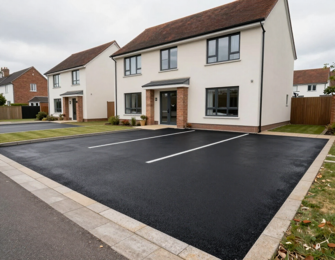 Modern suburban house with a large black driveway and two parked cars not visible in frame