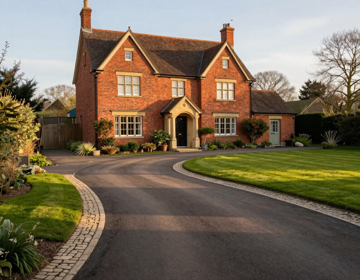 Red brick house with a curved driveway and manicured lawn in front