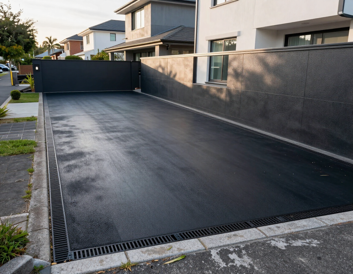 Black asphalt driveway or carport beside a residential house, viewed from the street.