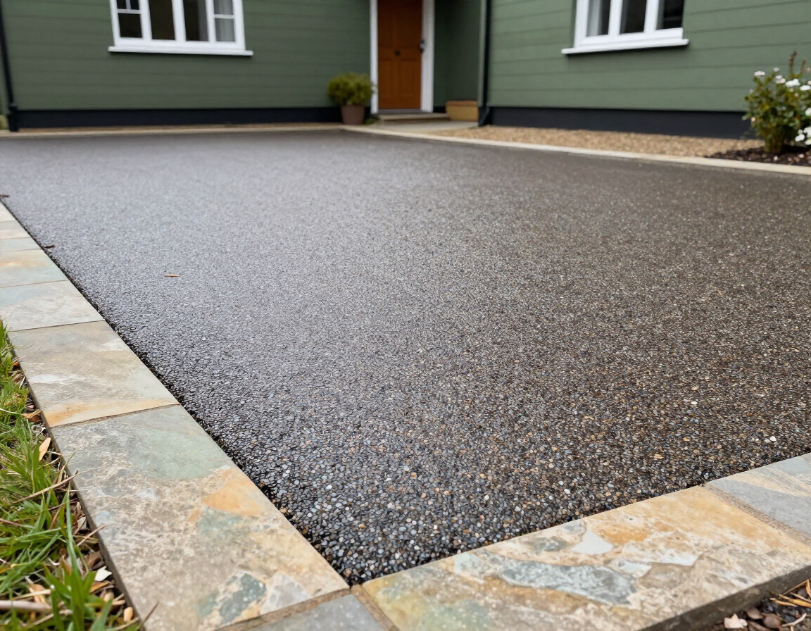 Freshly paved gravel driveway in front of a house with stone edging and green walls