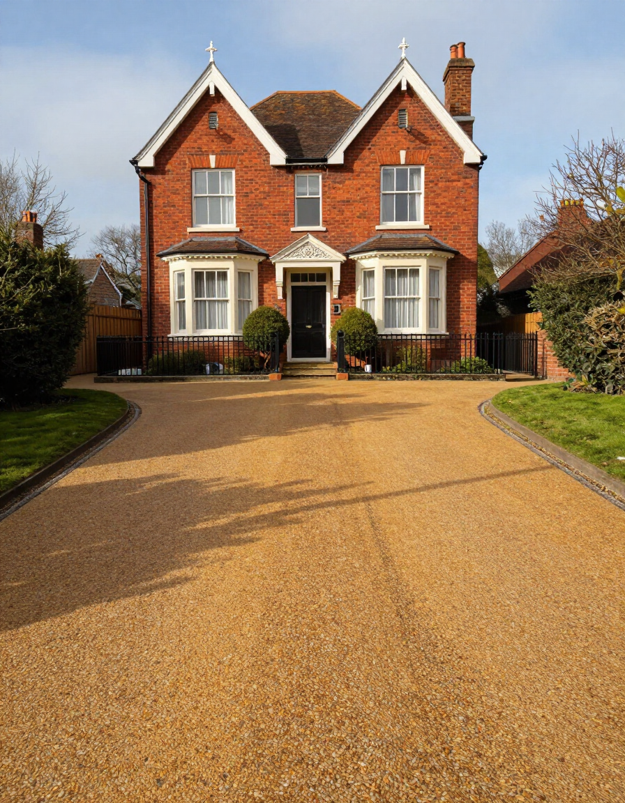Red-brick two-story house with white trim and a gravel driveway under a clear sky