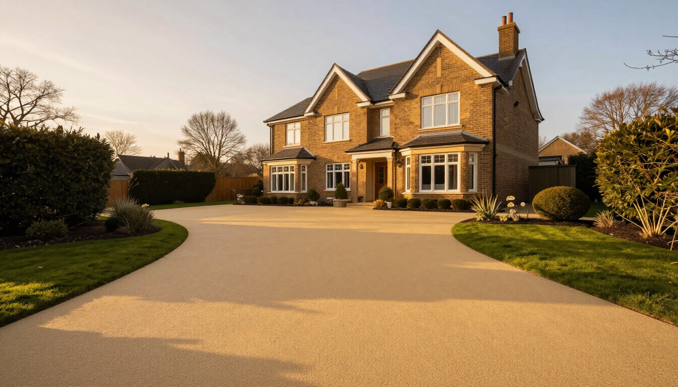 Brick house with a glossy tan driveway and landscaped garden in front.