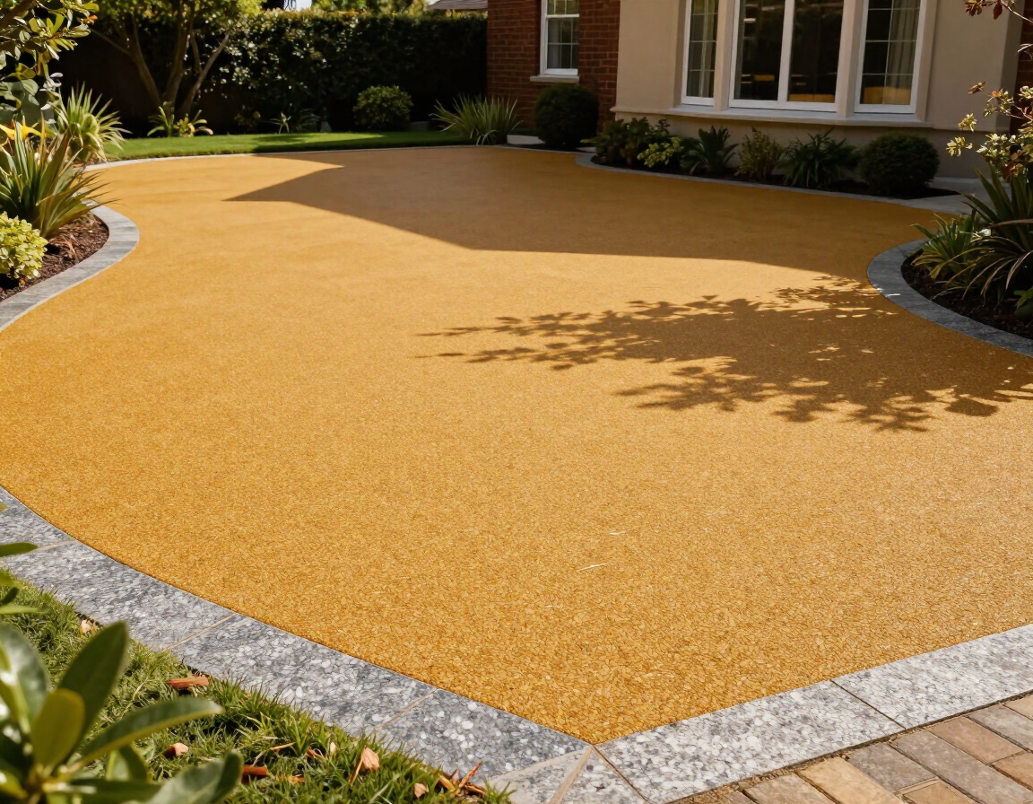 Yellow gravel courtyard bordered by stone pavers and plants beside a house